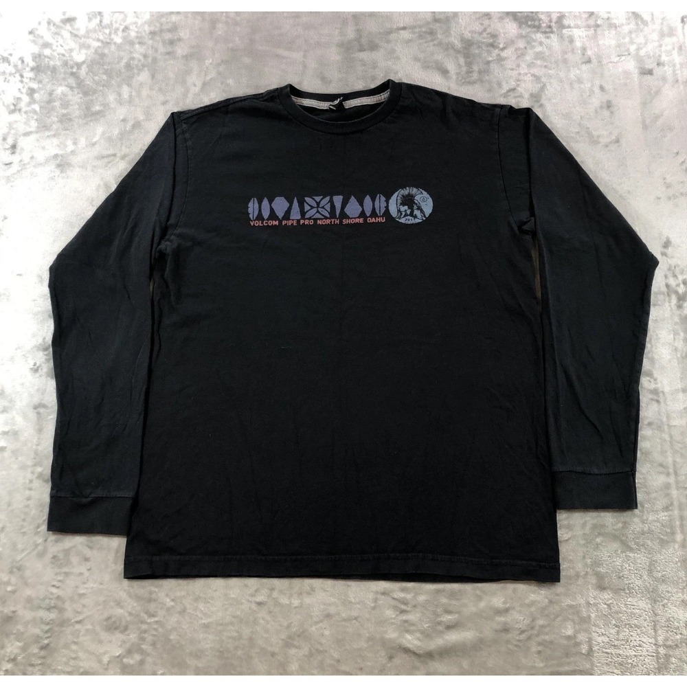 Volcom Shirt Mens Large Black Pipe Pro North Shore Oahu Surf Long Sleeve Tee